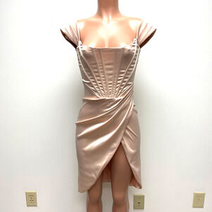 Trendy & Unique Women Pink Glossy Satin Off The Shoulder Corset Cocktail Dress M